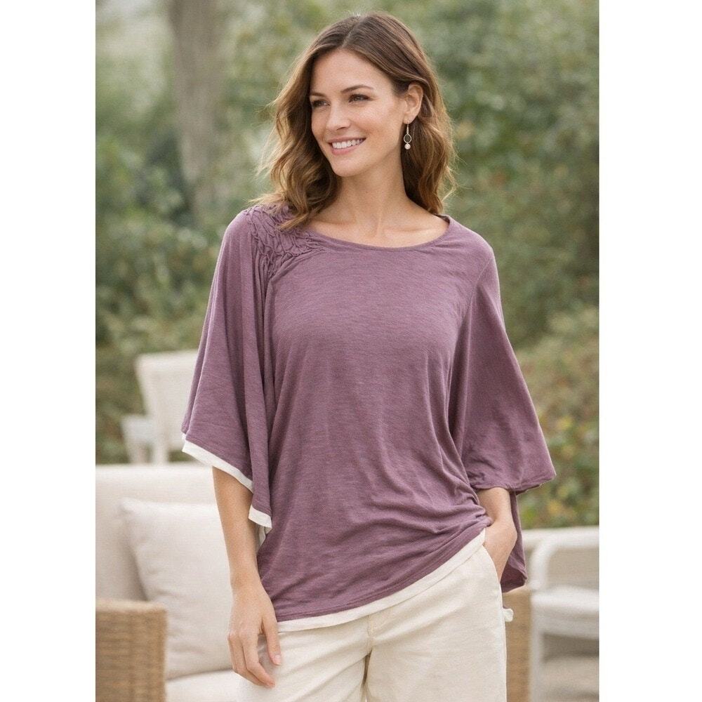 Gottex Studio Women's Purple Dolman Sleeve Smocked Shoulder Layered Hem Blouse